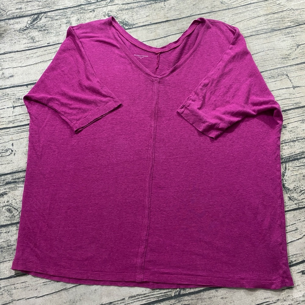 Eileen‎ Fisher Womens XL V-Neck 100% Linen Blouse Knit Oversized Ruby Pink - Picture 4 of 11